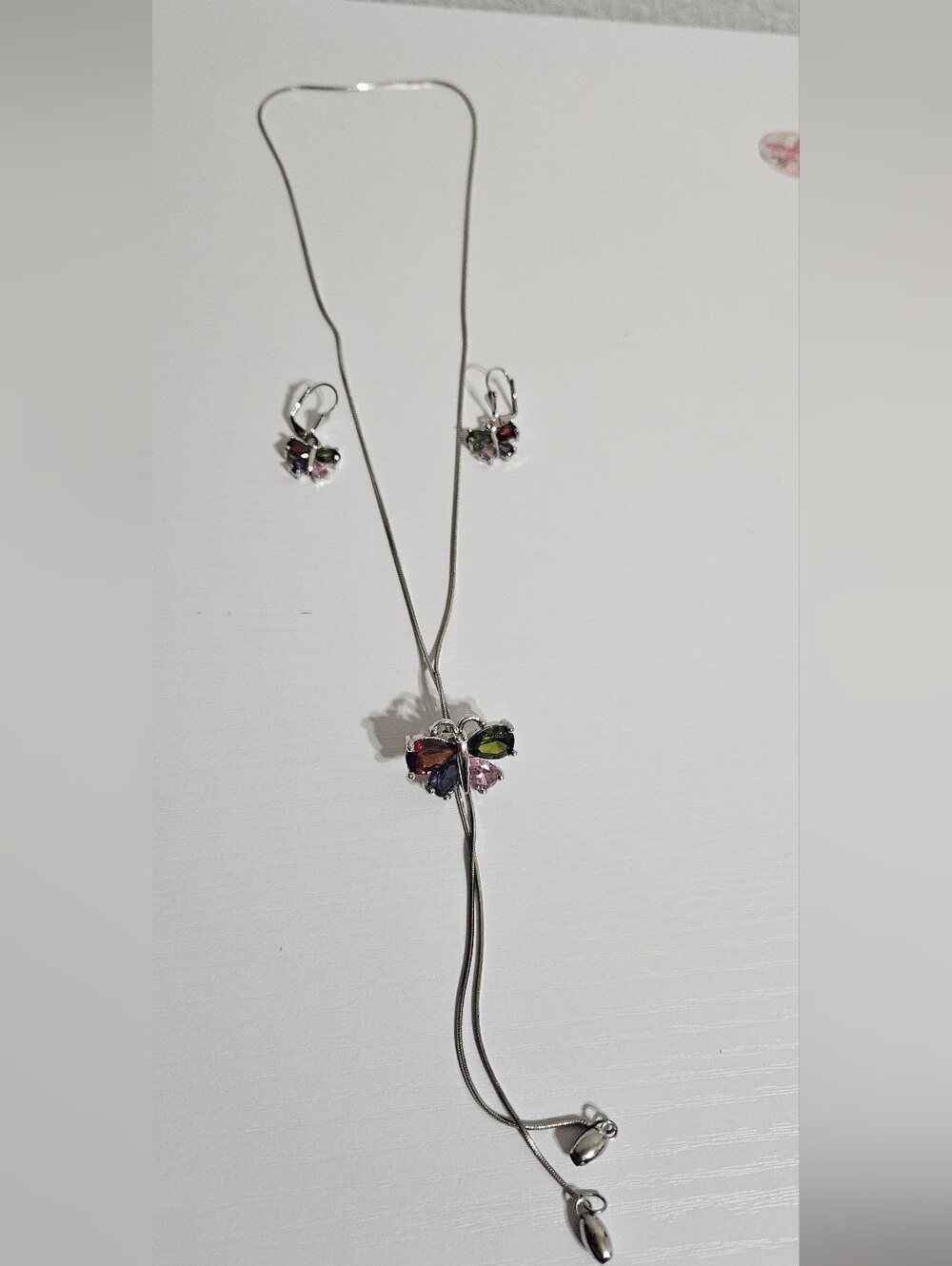 Multicolor Crystal Butterfly Necklace and Earring Set - Silver-Tone